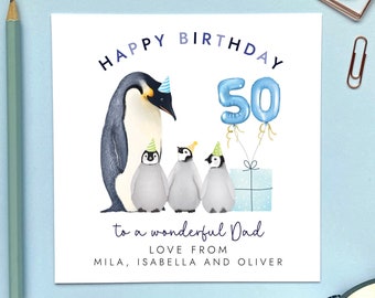 Biglietto personalizzato per il 50° compleanno di Pinguino con tre bambini per papà/lui, papà, papà, padre, nonno, nonno, papà/qualsiasi età 30° 40° 60°