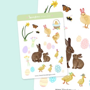 Frühling Ostern Aufkleber Bogen - Frühling Aufkleber, Blumen, niedlich, Hase, Küken, Entenküken, Eier, Kinder, Kinder, Umschlag Dichtungen, Planer