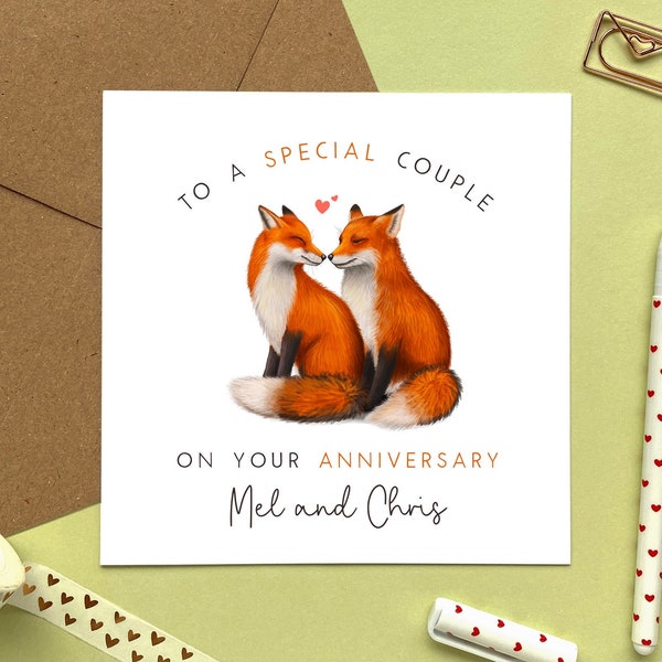Personalised Fox Anniversary Card | For Special Couple, Parents, Mum and Dad, Daughter, Son in Law, Grandson, Granddaughter, Niece, Nephew