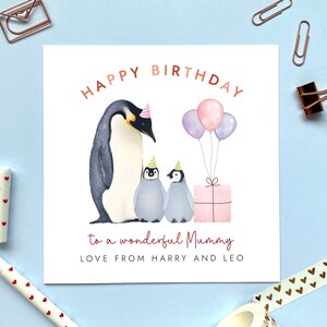Personalised Penguin Two Children Any Age Birthday Card for Mummy | Mom, Mama, Mum, Mommy, Mam, Grandma, Granny | 30th 40th 50th 60th 70th