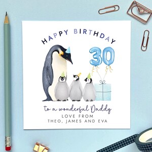 Personalisierte Pinguin drei Kinder 30. Geburtstagskarte für Papa | Ihn, Papa, Dada, Vater, Opa, Opa, Opa | Jedes Alter 40er 50er 60er Jahre