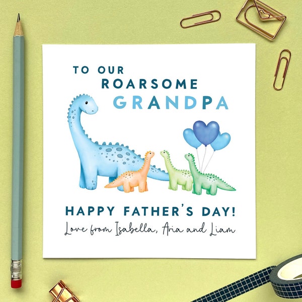 Personalised Dinosaur Three Children Father's Day Card for Grandpa | Grandpa, Great Grandfather, Dad, Papa, Pops, Daddy | 3 Grandchildren