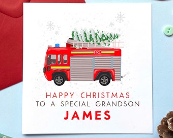Personalised Fire Engine Christmas Card | For Boy, Son, Grandson, Brother, Nephew, Kids, Children, Baby, Cousin, Godson, Great Grandson, Him
