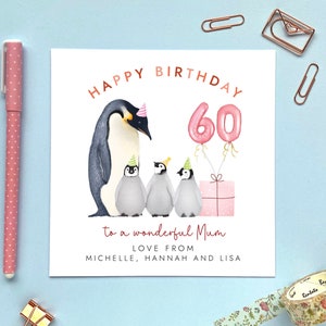 Personalisierte Pinguin drei Kinder 60. Geburtstagskarte für Mama | Mama, Mama, Mummy, Mommy, Mam, Oma, Oma | 30er 40er 50er 70er Jedes Alter