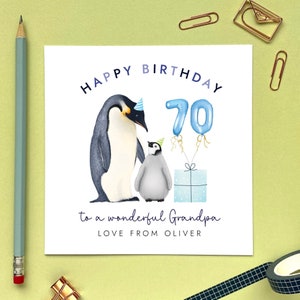 Carte d'anniversaire personnalisée du 70e anniversaire d'un pingouin pour grand-père | Grand-père, arrière-grand-père, grand-père, grand-père, pops, papa, papa | Tout âge, 60e 80e 90e