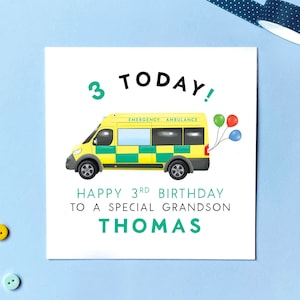 Personalisierte Krankenwagen 3. Geburtstag Karte | Für Junge, Sohn, Enkel, Bruder, Neffe, Kinder, Kind, Baby, Kinder | Drei, Dritte, 3