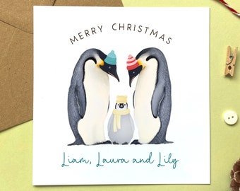 Personalised Penguin Family Christmas Card | Daughter, Son, Granddaughter, Grandson, Niece, Nephew, Two Children, Three Kids