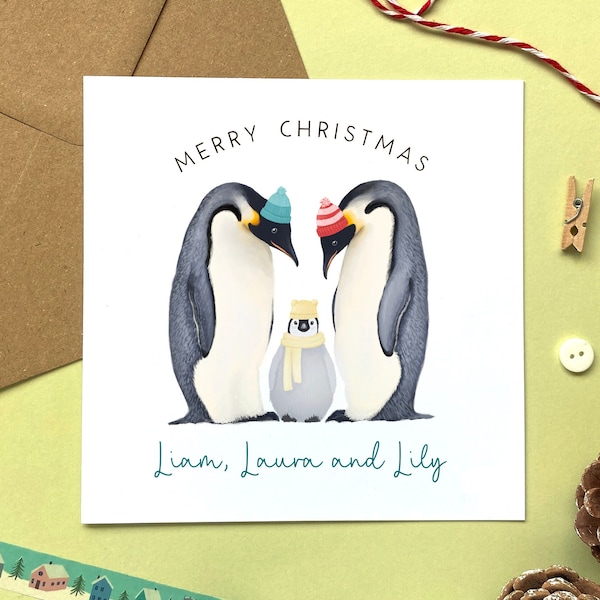 Personalised Penguin Family Christmas Card | Daughter, Son, Granddaughter, Grandson, Niece, Nephew, Two Children, Three Kids