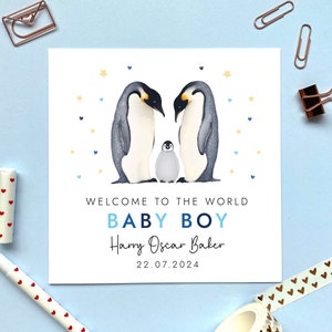 Carte personnalisée pour bébé garçon de style pingouin | Félicitations, bienvenue dans ce monde, petit, fils, petit-fils, neveu, souvenir, spécial, bleu