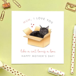 ママ、猫が箱を愛するようにあなたを愛しています母の日カード - 黒猫 | ママ、ママ、マミー、ママ、母、おばあちゃん、おばあちゃん、おばあちゃん、おばあちゃんへ