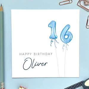 Personalisierte Karte zum 16.Geburtstag für Ihn | Junge, Mann, Bruder, Neffe, Sohn, Urenkel, Cousin, Patenkind, Teenager, Blau, Name, Sechzehn