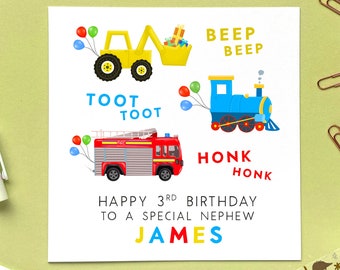 3ème carte d'anniversaire personnalisée | Pour garçon, fils, petit-fils, frère, neveu, enfants, enfants | Digger, Train, Pompier, Voitures, Tiers