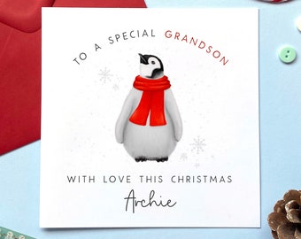 Personalised Baby Penguin Christmas Card | For Kids, Children, Son, Grandson, Daughter, Granddaughter, Niece, Nephew, Brother, Sister