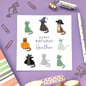 d'anniversaire personnalisée de chats fantasmagoriques | Pour elle, petite amie, fille, petite-fille, nièce, soeur, ami | Thème Halloween, Mignon