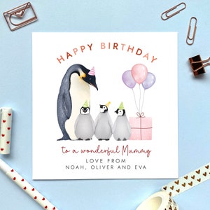 Personalisierte Pinguin drei Kinder jeden Alters Geburtstagskarte für Mama | Mama, Mama, Mum, Mommy, Mam, Oma, Oma | 30er 40er 50er 60er 70er