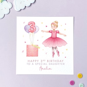 3 Geburtstag Ballerina Karte für Mädchen | Sie, Tochter, Enkelin, Schwester, Nichte, Cousin, Kinder, Baby, Urprinz | Drei, Dritte, 3
