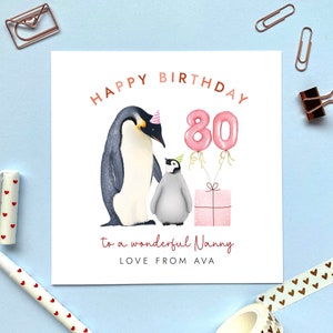 Personalisierte Pinguin 80er Geburtstagskarte für Nanny | Gran, Oma, Nan, Nana, Oma, Urgroßmutter | 40er 50er 60er 70er 90er Jedes Alter