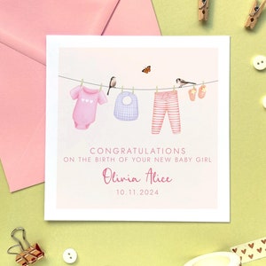 nouvelle carte personnalisée bébé fille | Félicitations, petite-fille, nièce, fille, spéciale, souvenir, nouveau-né, unique, nom, date, rose