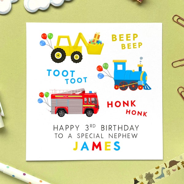 3ème carte d'anniversaire personnalisée | Pour garçon, fils, petit-fils, frère, neveu, enfants, enfants | Digger, Train, Pompier, Voitures, Tiers