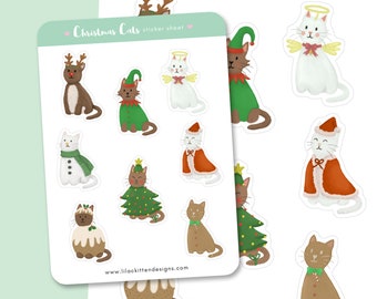 Christmas Cats Sticker Sheet | Cute, Kawaii, Festive, Winter, Stationery | Scrapbook, Planner, Diary, Bullet Journal | REF: ST005