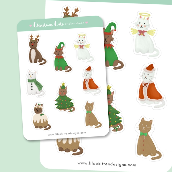 Christmas Cats Sticker Sheet | Cute, Kawaii, Festive, Winter, Stationery | Scrapbook, Planner, Diary, Bullet Journal | REF: ST005