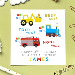 Carte d'anniversaire personnalisée pour garçon | Fils, petit-fils, frère, neveu, enfants, enfants | Digger, train, camion de pompiers, véhicules, voitures, tiers