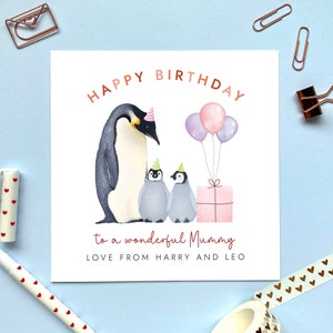 Personalisierte Pinguin zwei Kinder jeden Alters Geburtstagskarte für Mama | Mama, Mama, Mum, Mommy, Mam, Oma, Oma | 30er 40er 50er 60er 70er