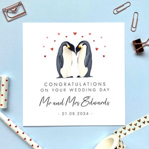 Carte personnalisée de félicitations de pingouins pour votre mariage | Pour M. et Mme, belle-fille et gendre, beau-frère et belle-sœur, couple