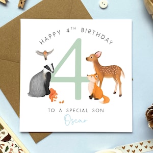 Personalised Woodland Animals 4th Birthday Card | for Boy, Son, Grandson, Godson, Brother, Nephew | Fourth, 4, Four