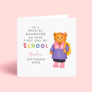 Carte personnalisée premier jour d'école - ours en peluche - prénom personnalisé date - pour garçon ou fille - fille, petite-fille, fils, nièce, neveu