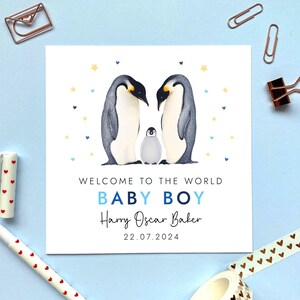 Carte personnalisée pour bébé garçon de style pingouin | Félicitations, bienvenue dans ce monde, petit, fils, petit-fils, neveu, souvenir, spécial, bleu