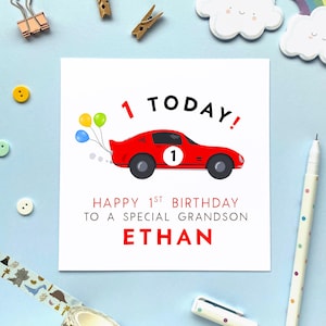 Carte personnalisée 1er anniversaire de voiture de course pour garçon, fils, petit-fils, frère, neveu, enfants, enfants, bébé, arrière-petit-fils, un aujourd'hui, premier, 1