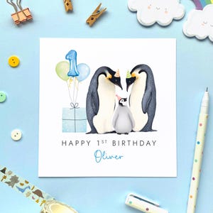 Carte de 1er anniversaire personnalisée de pingouin pour garçon, carte de premier anniversaire personnalisée pour fils, petit-fils, neveu, filleul, bébé, 1 nom personnalisé bleu aujourd'hui