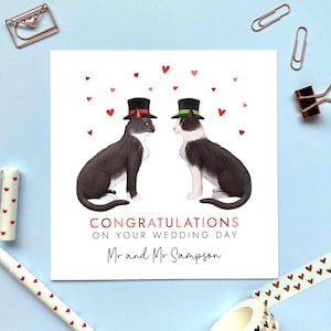 Personalisierte Katzen Mr und Mr Hochzeitskarte | Gerade verheiratet, zwei Bräutigame, Glückwünsche, für schwules Paar, gleichen Sex, Sohn und Ehemann