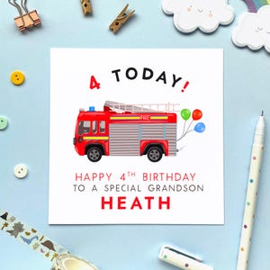 4e carte d'anniversaire pour garçon, carte d'anniversaire personnalisée camion de pompier pour petit-fils, fils, neveu, frère, filleul, nom personnalisé pour enfants, 4 garçons d'aujourd'hui