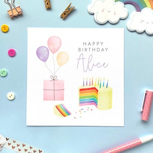 d'anniversaire personnalisée pour fille | Elle, fille, petite-fille, nièce, cousin, filleule, ami, gâteau arc-en-ciel, n'importe quel âge, personnalisé