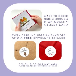 May include: An anniversary greeting card featuring two robins on a branch with the text TO A WONDERFUL Mum and Dad ON YOUR ANNIVERSARY. Includes a brown envelope with a Happy Birthday cupcake sticker and a red envelope with an OPEN WITH A SMILE sticker.