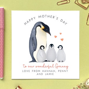 Personalised Penguin Three Babies Mother's Day Card For a special Mummy, Mommy, Mama Mum, Mom, Mam, Grandma Triplets, 3 Children, Kids image 2