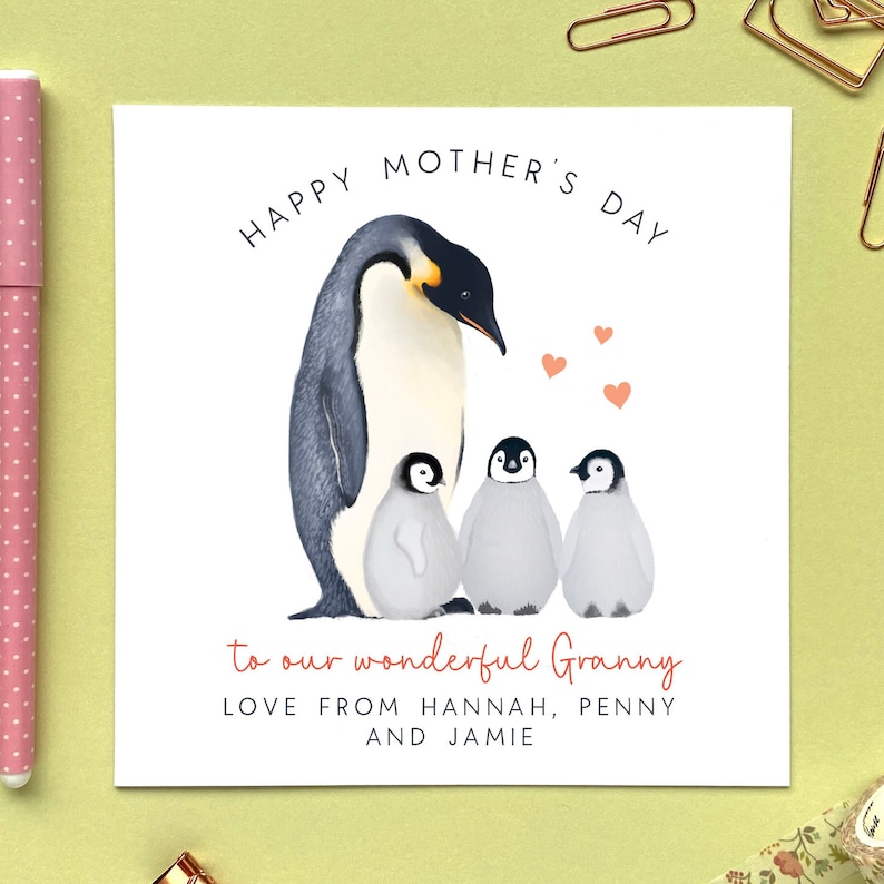 Personalised Penguin Three Babies Mother's Day Card For a special Mummy, Mommy, Mama Mum, Mom, Mam, Grandma Triplets, 3 Children, Kids image 2