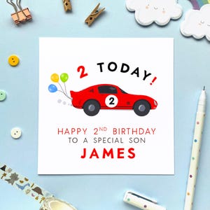2e carte d'anniversaire personnalisée de voiture de course pour garçon, carte personnalisée 2 aujourd'hui : fils, petit-fils, frère, neveu, enfants, enfants, cousin, filleul, rouge