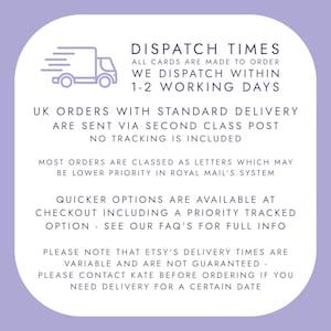May include: A light purple graphic with text about dispatch times. The text includes information about order processing, shipping methods, and delivery times. A small illustration of a delivery truck is also present.