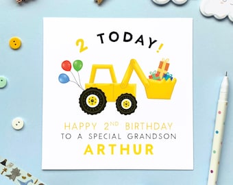 Personalised Digger 2nd Birthday Card for Boy, Custom 2 Today Card for Son, Grandson, Brother, Nephew, Children, Baby, Cousin, Cars, Truck