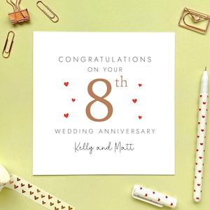 Carte d'anniversaire de mariage pour couple, 8 ans de mariage, 8 ans de mariage, amis, fils, fille, soeur, beau-frère, personnalisé, prénoms bronze