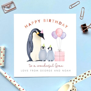 Carte d'anniversaire personnalisée avec deux bébés de tout âge pingouin pour mamie | Pour grand-mère, grand-mère, nounou, grand-mère, arrière-grand-mère | 60e 70e 80e 90e