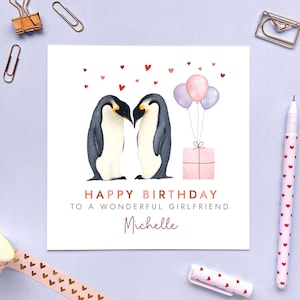 Personalisierte Pinguine Geburtstagskarte für Partner, Sie, Verlobte, Freundin, Frau, 30er, 40er, 50er, 60er, 70er, 80er, jedes Alter, Individuell, Name