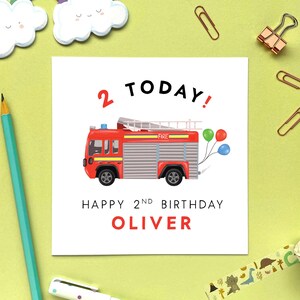 2e carte d'anniversaire personnalisée de pompier pour garçon, 2 cartes personnalisées aujourd'hui pour fils, petit-fils, frère, neveu, enfants, bébé, cousin, véhicule