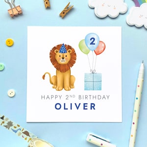 Personalised Lion 2nd Birthday Card for Boy, Custom Card for Son, Grandson, Brother, Nephew, Kids, Children, Baby, Second, 2 Today, Safari