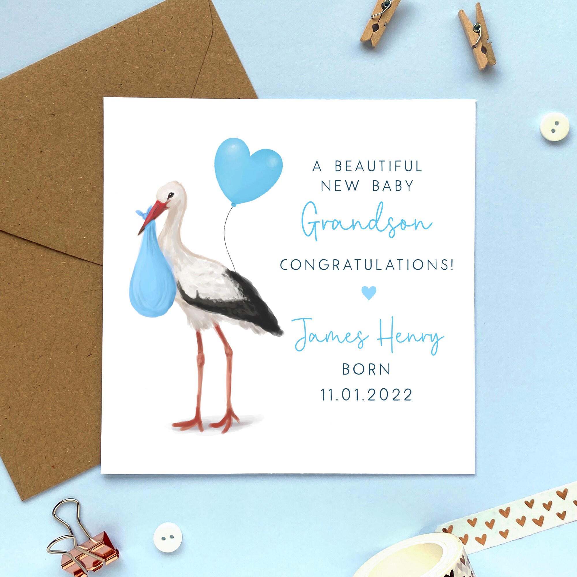 PERSONALISED NEW BABY GRANDSON CONGRATULATIONS CARD BOY SON GREAT GRANDSON NAME 