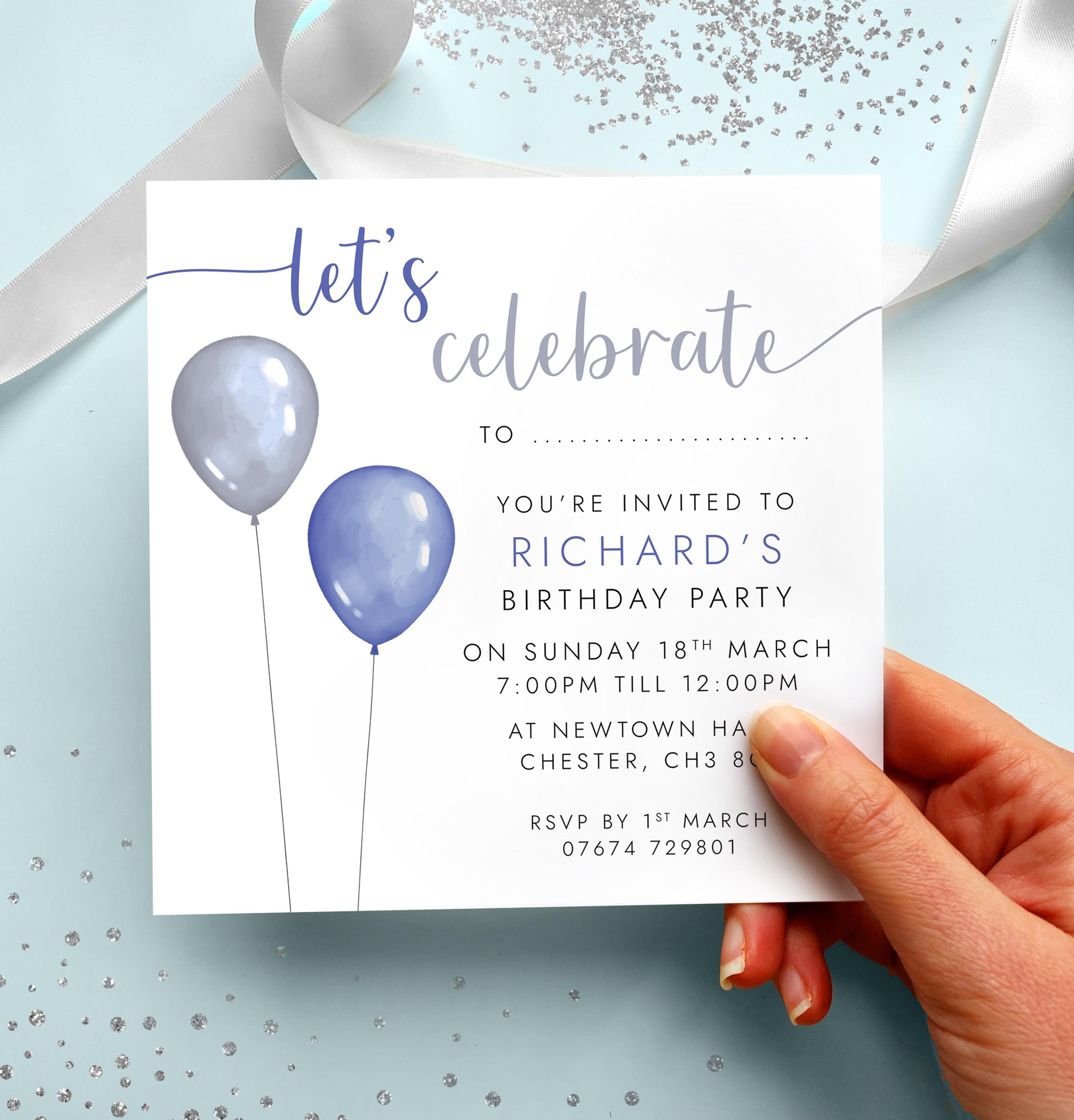 Printed Invitations for Man's Birthday Party With Envelopes | Navy Blue,  Silver, Boy, Men, Male, Modern, 18th, 21st, 30th, 40th, 50th, 60th - Etsy, image size:2876x3000