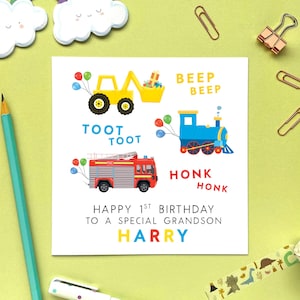 Carte de 1er anniversaire personnalisée pour garçon, fils, petit-fils, frère, neveu, enfants, enfants, excavateur, train, camion de pompiers, voitures, prénom personnalisé